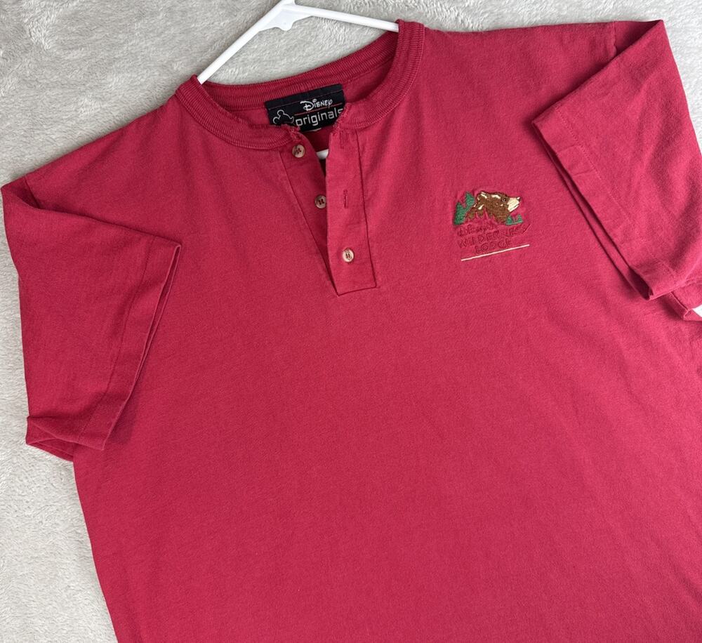 VTG 90's Disney Wilderness Lodge Embroidered Henley Shirt Red USA Men L XL Rare